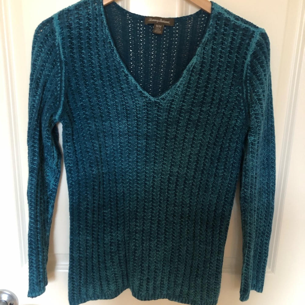 Tommy Bahama Linen Knit Turquoise V Neck Sweater Size M